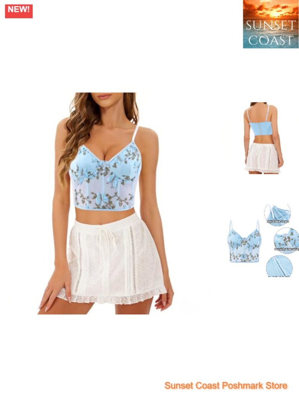 Women's Butterfly Embroidered Crop Top, V Neck Corset Sleeveless